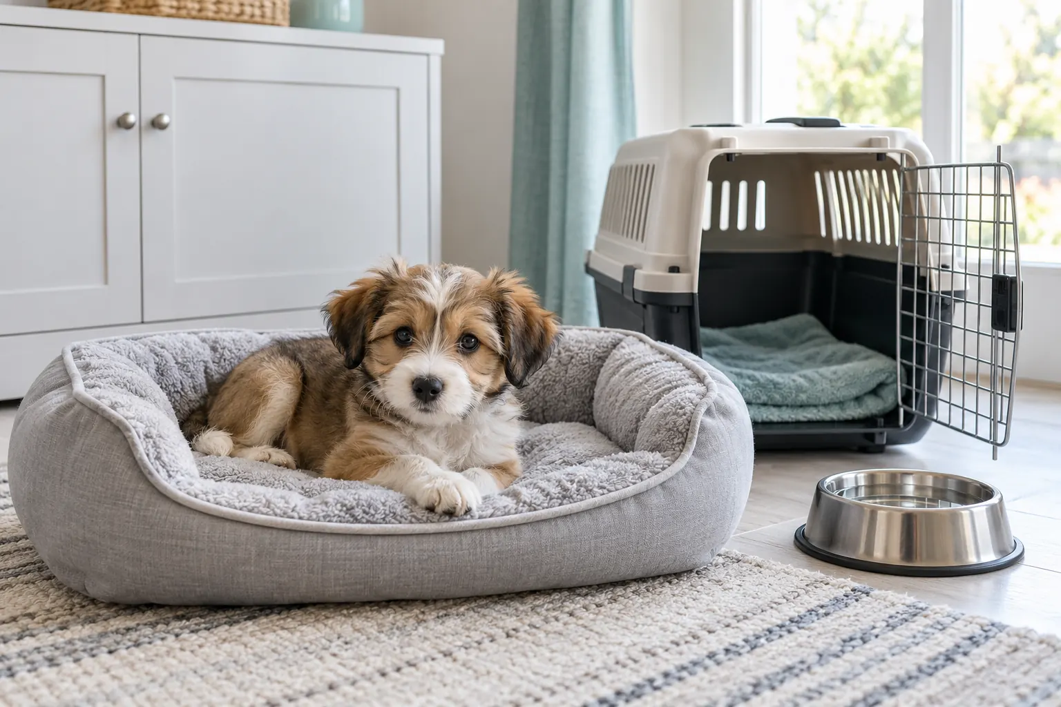 A puppy resting on a bed beside a water bowl and an open travel carrier