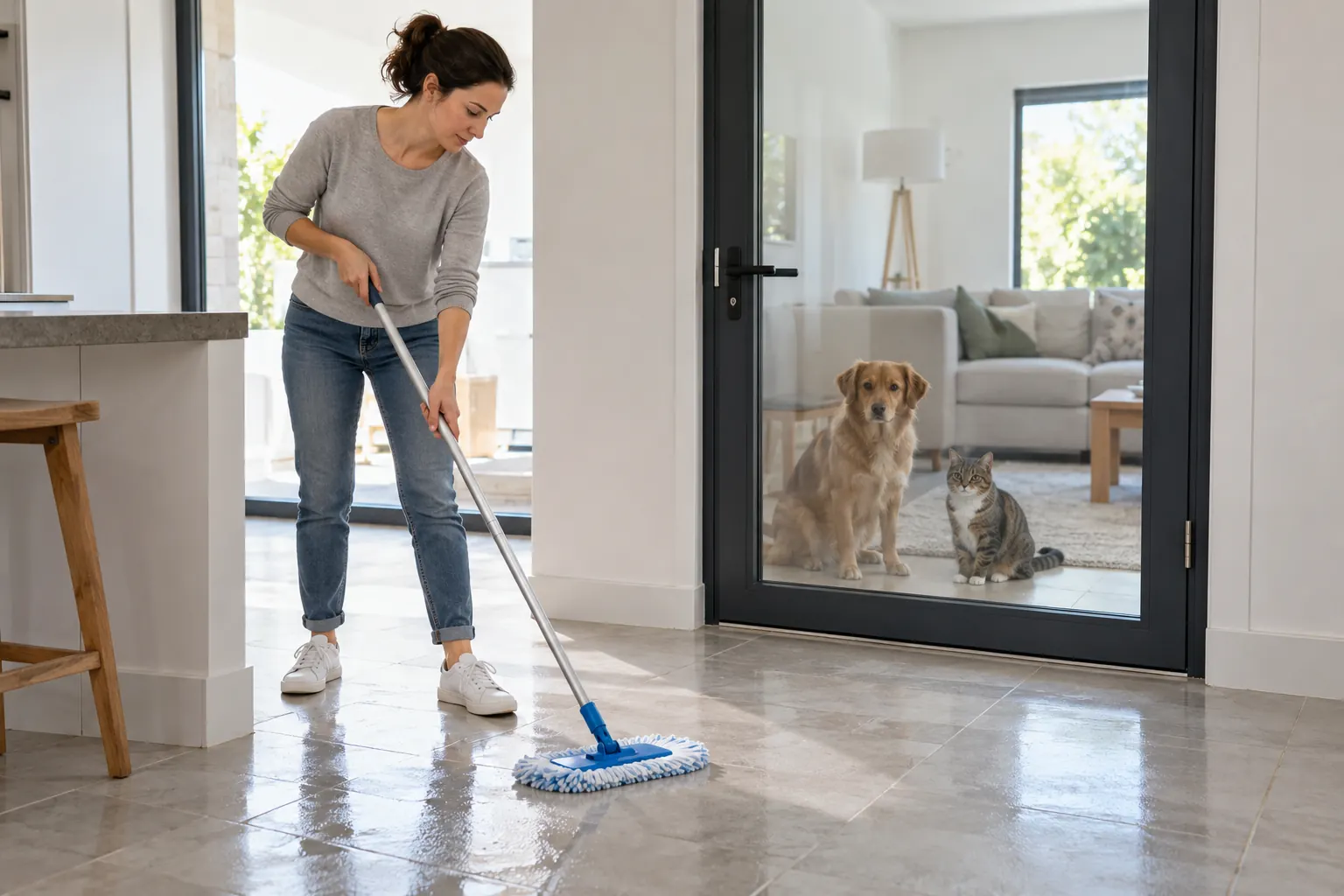A dog and cat behind a closed glass door while a person mops the adjoining room