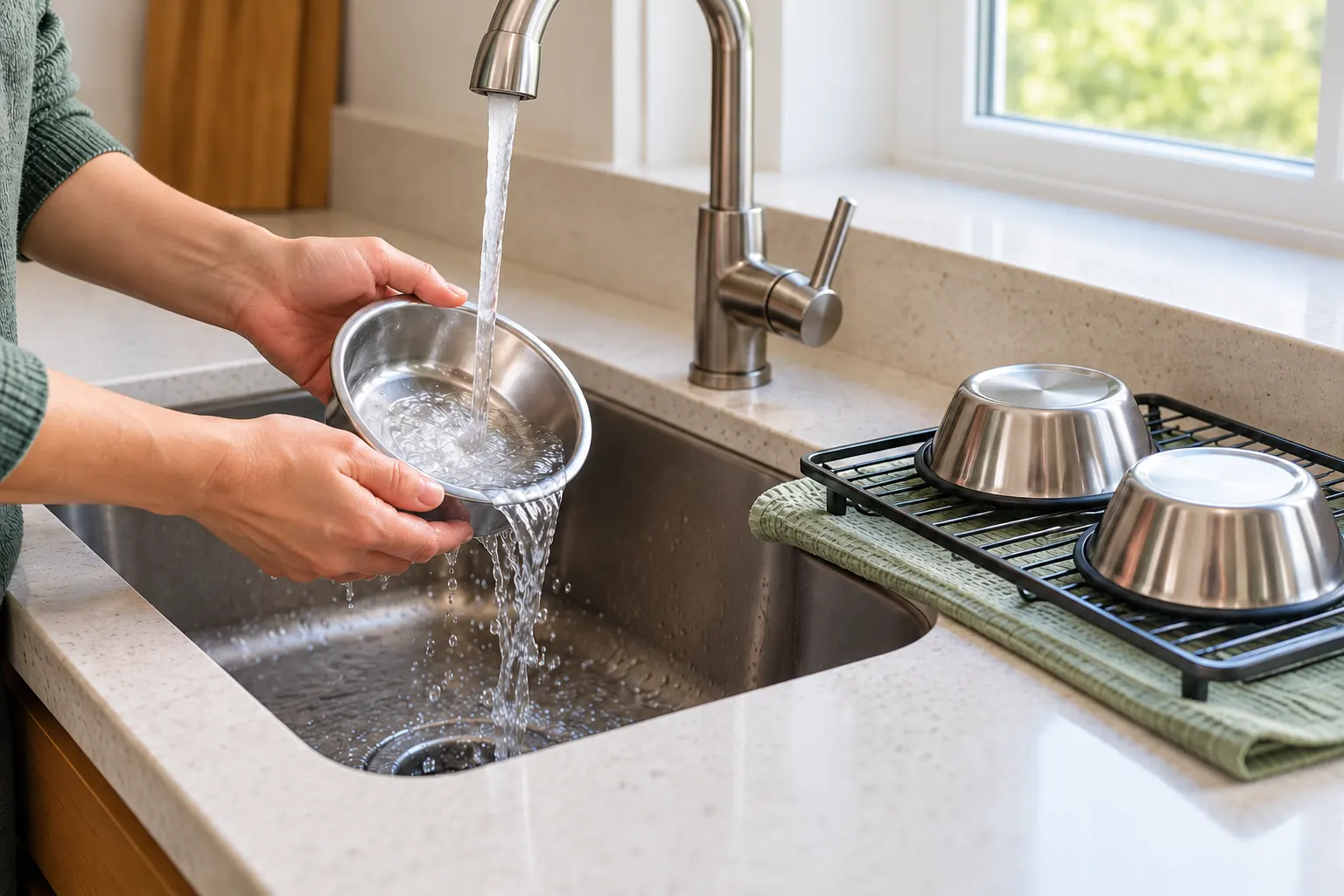 Hands rinsing a stainless-steel pet bowl beside two bowls on a drying rack